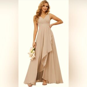 Ruffle Long V Neck Chiffon Formal Bridesmaid Wedding Dress w/Slit -Size 16W Plus